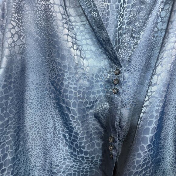 Zac & Rachel Blouse Womens 1X Teal Satin Animal Print Puff Sleeve Boho Chic Top - Picture 2 of 11